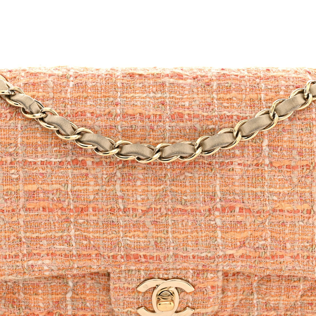 Tweed Quilted Medium Double Flap Orange Beige Multicolor