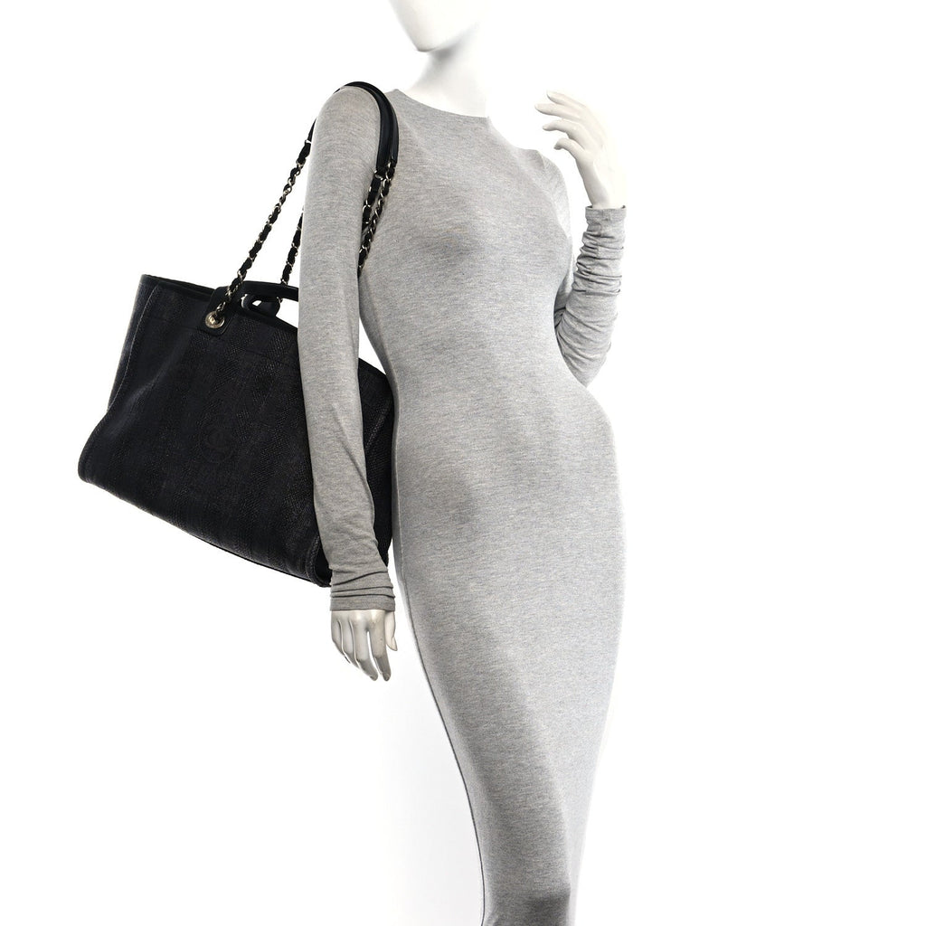 Mixed Fibers Calfskin Striped Medium Deauville Tote Black
