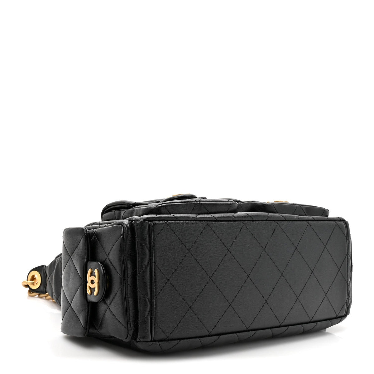 Shiny Lambskin Quilted Trendy Pockets Hobo Black Black