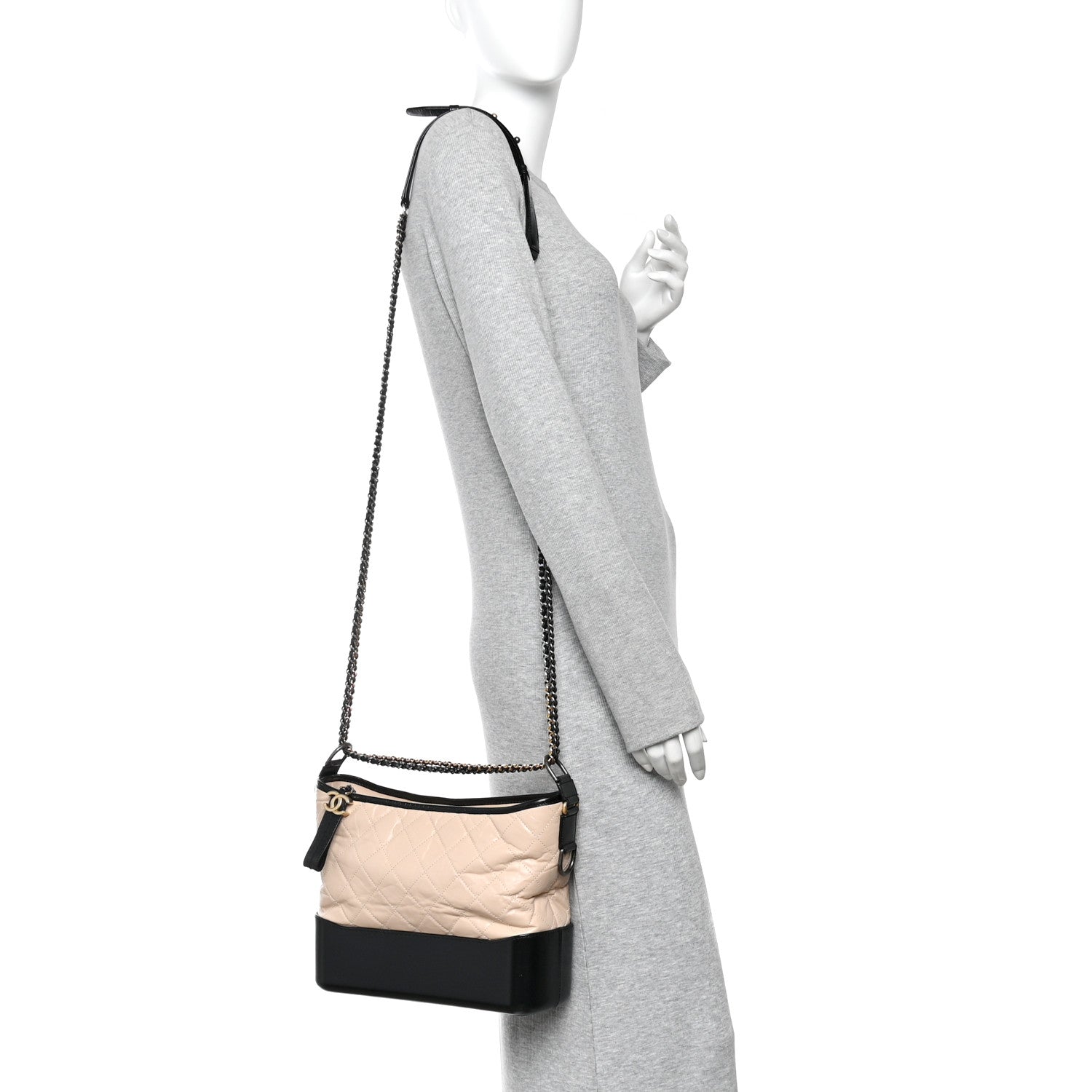 Aged Calfskin Quilted Medium Gabrielle Hobo Beige Black