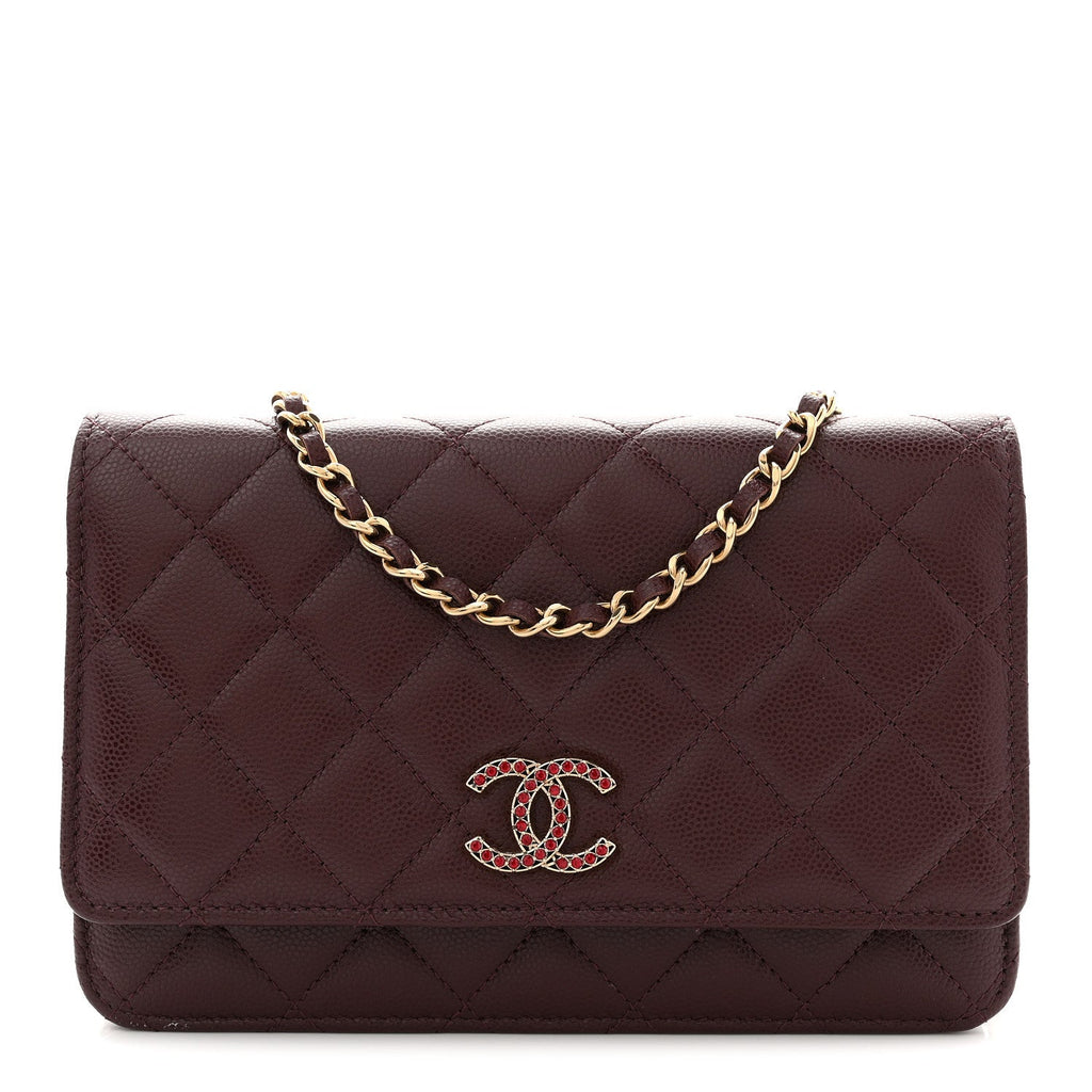 Shiny Caviar Quilted Strass Wallet On Chain WOC Bordeaux