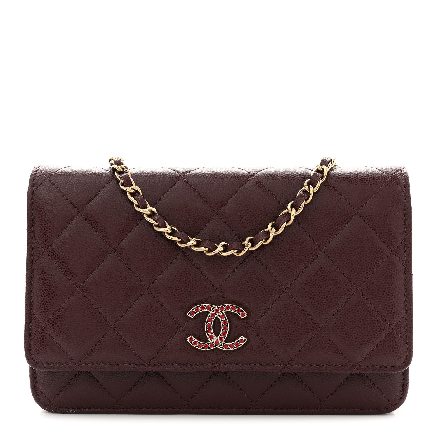 Shiny Caviar Quilted Strass Wallet On Chain WOC Bordeaux