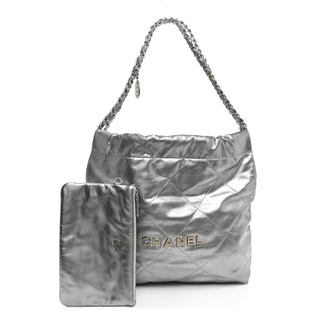 Metallic Calfskin Quilted Small Chanel 22 Silver