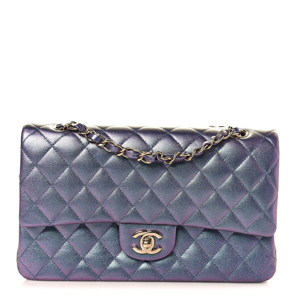 Iridescent Caviar Quilted Medium Double Flap Purple