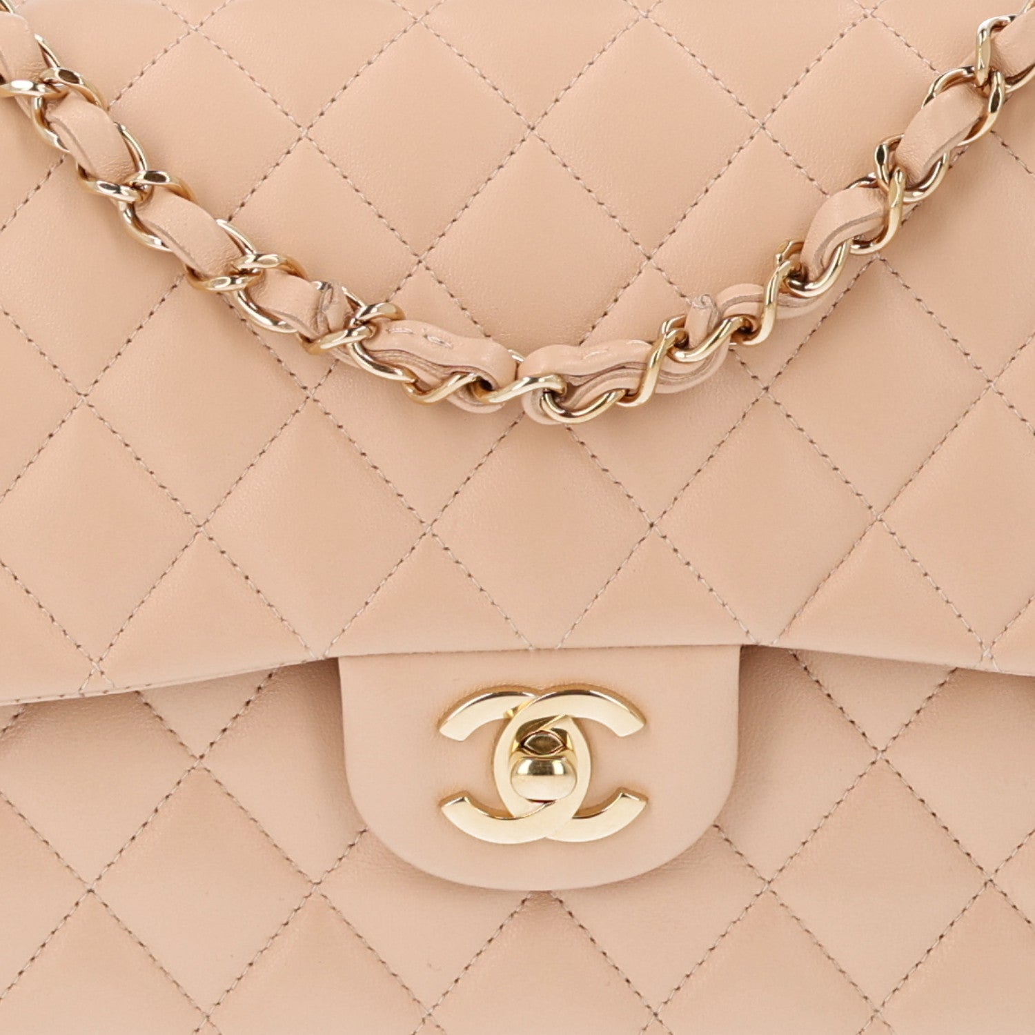 Lambskin Quilted Medium Double Flap Beige