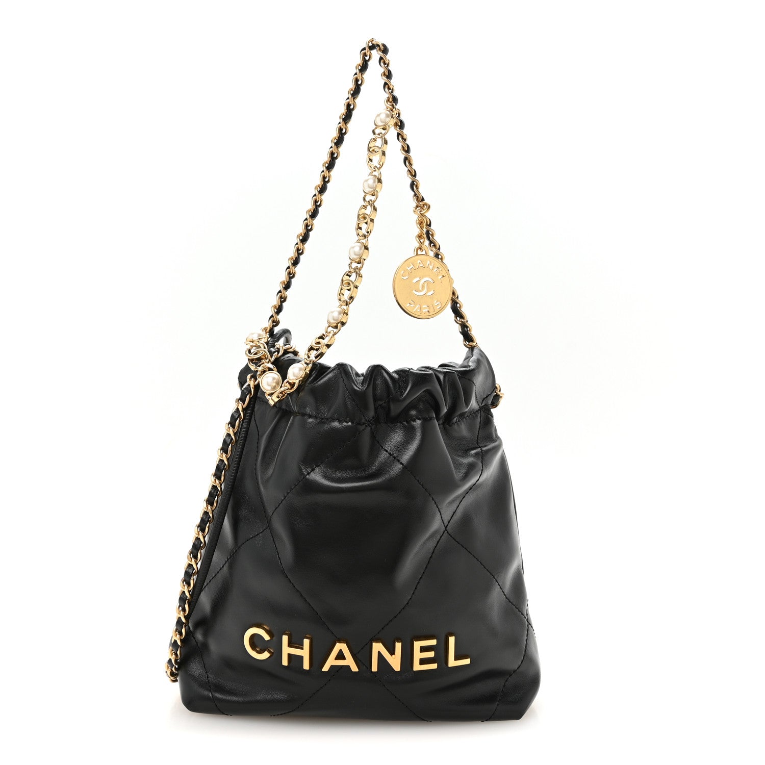 Shiny Calfskin Quilted Pearl CC Chain Mini Chanel 22 Black