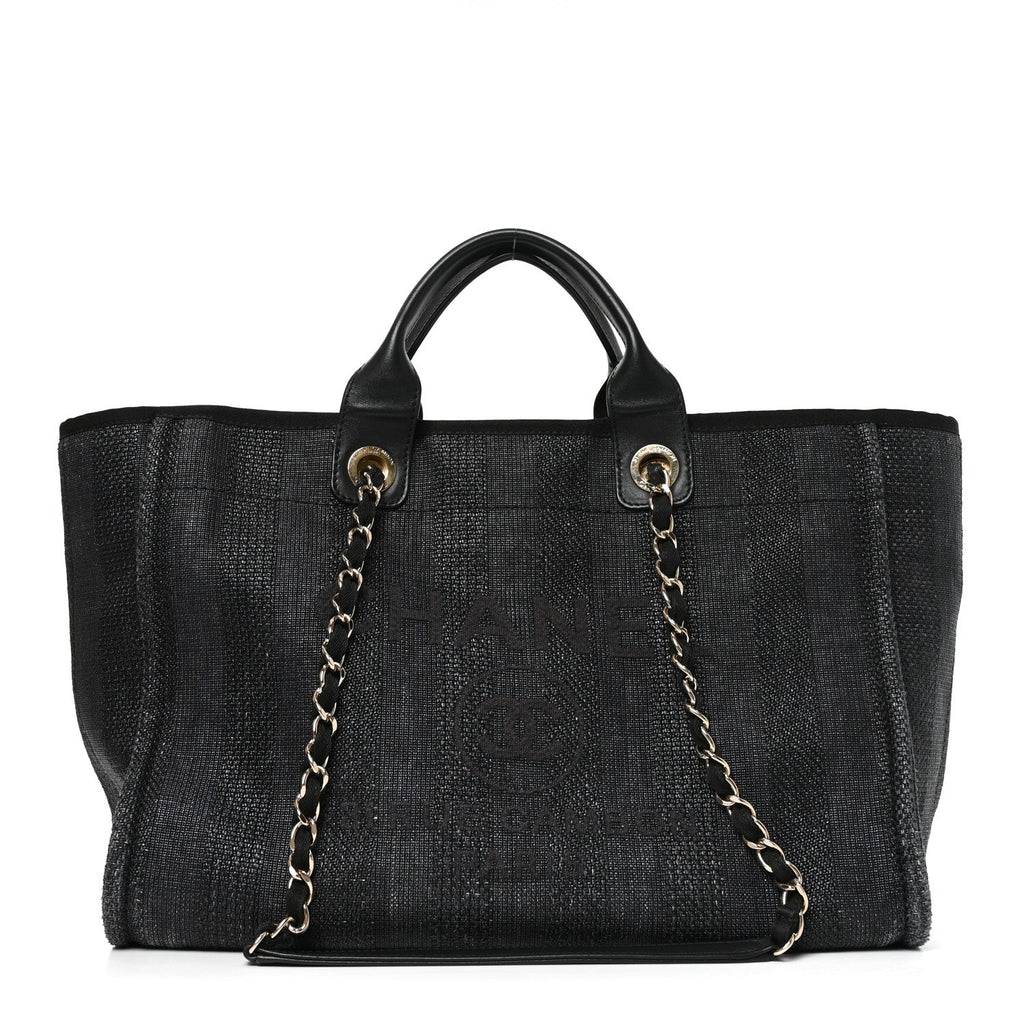 Mixed Fibers Calfskin Striped Medium Deauville Tote Black