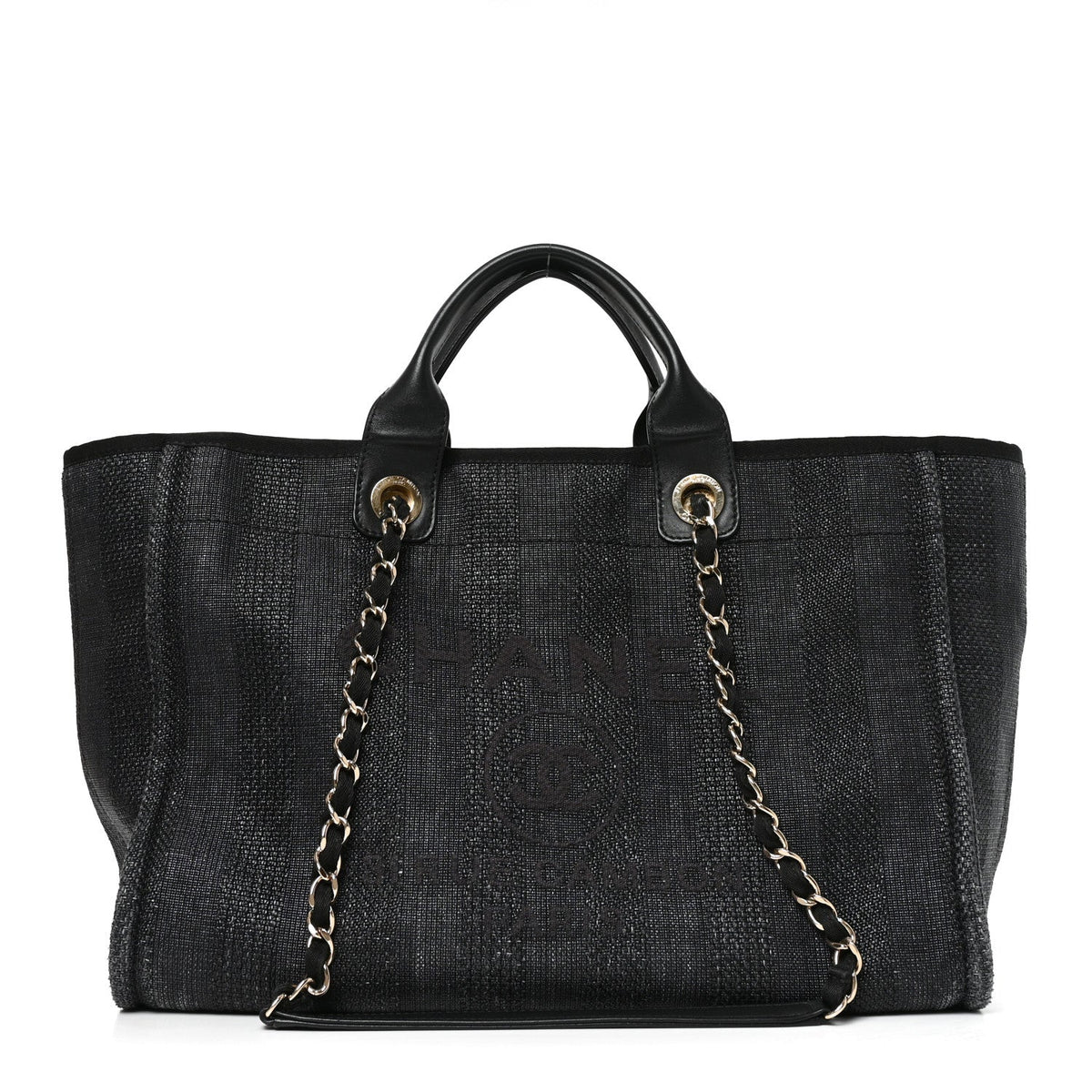 Mixed Fibers Calfskin Striped Medium Deauville Tote Black
