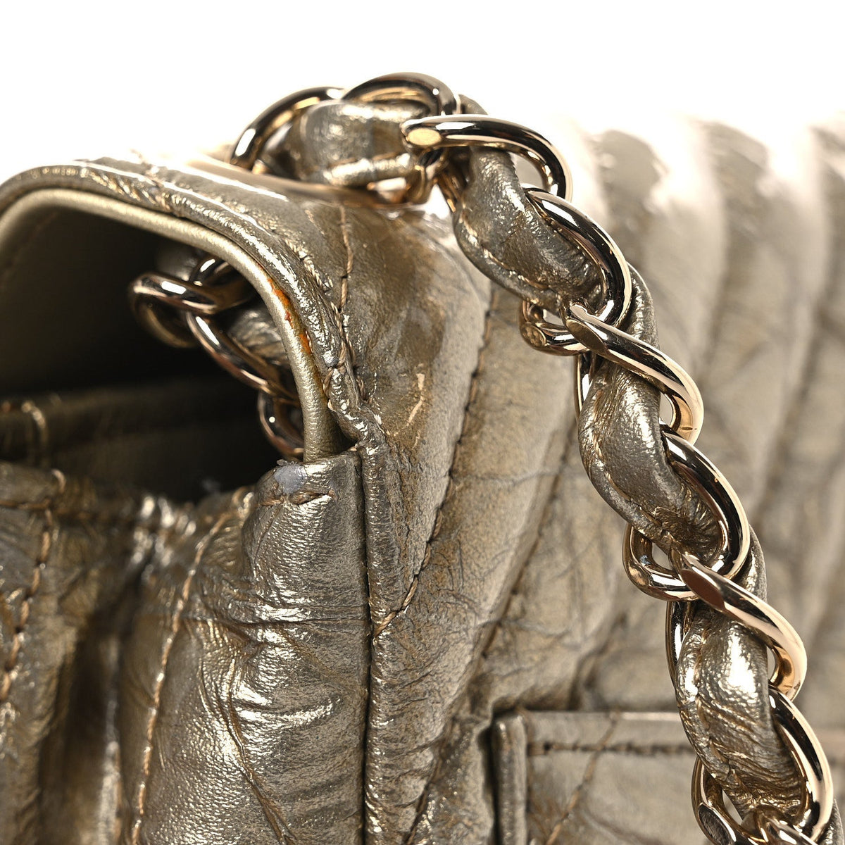 Metallic Crumpled Calfskin Chevron Quilted Mini Square Flap Gold