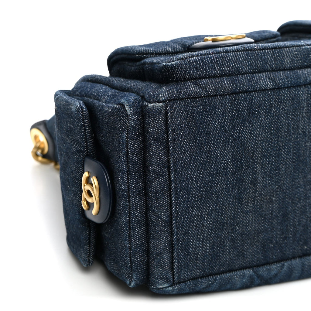 Washed Denim Quilted Maxi Trendy Pockets Hobo Dark Blue