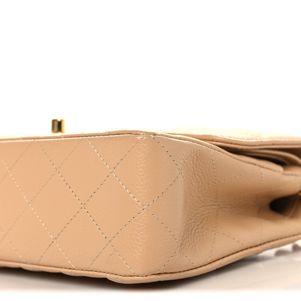 Caviar Quilted Small Double Flap Beige