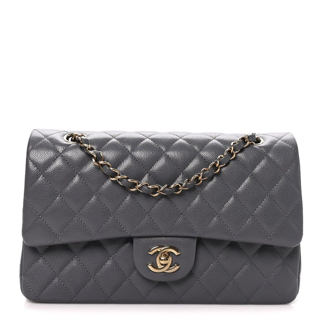 Caviar Quilted Medium Double Flap Dark Grey