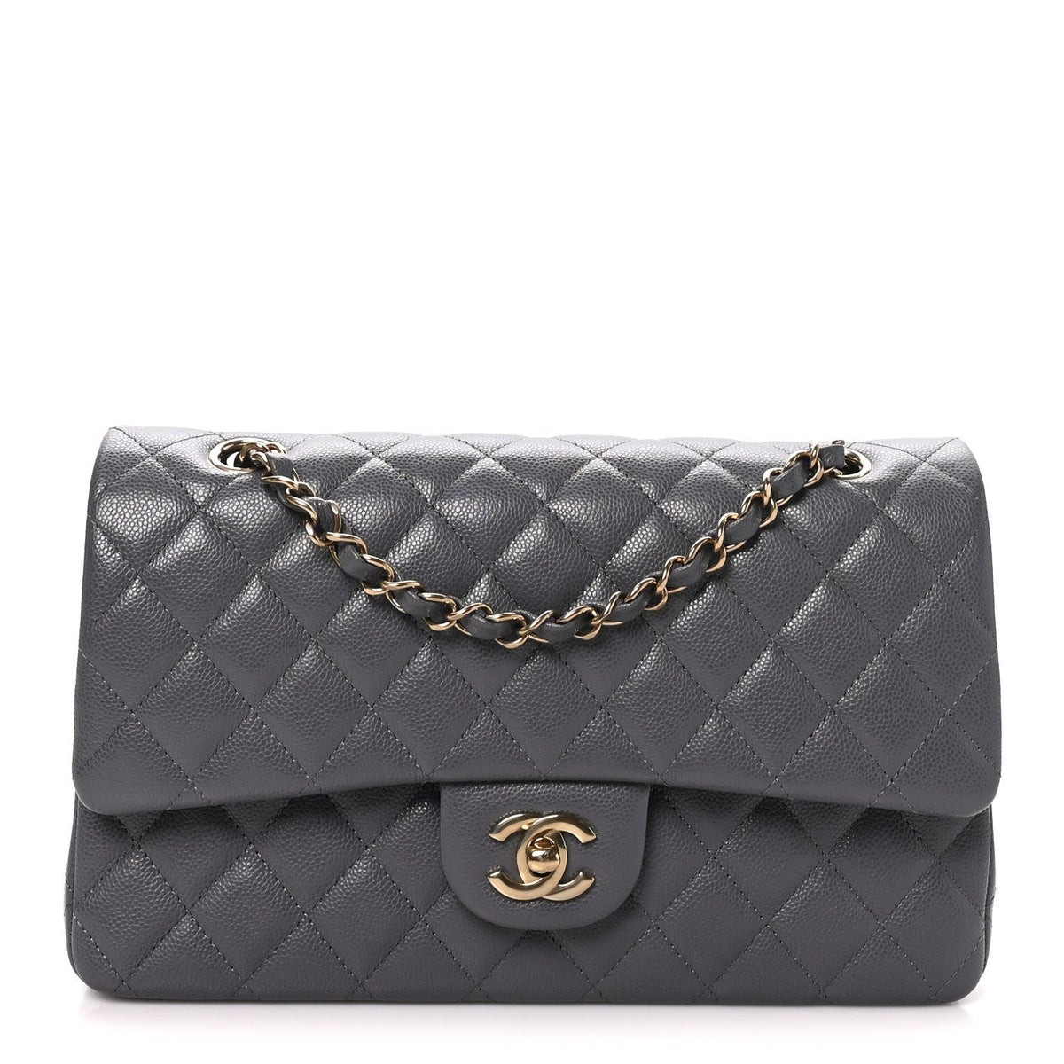 Caviar Quilted Medium Double Flap Dark Grey