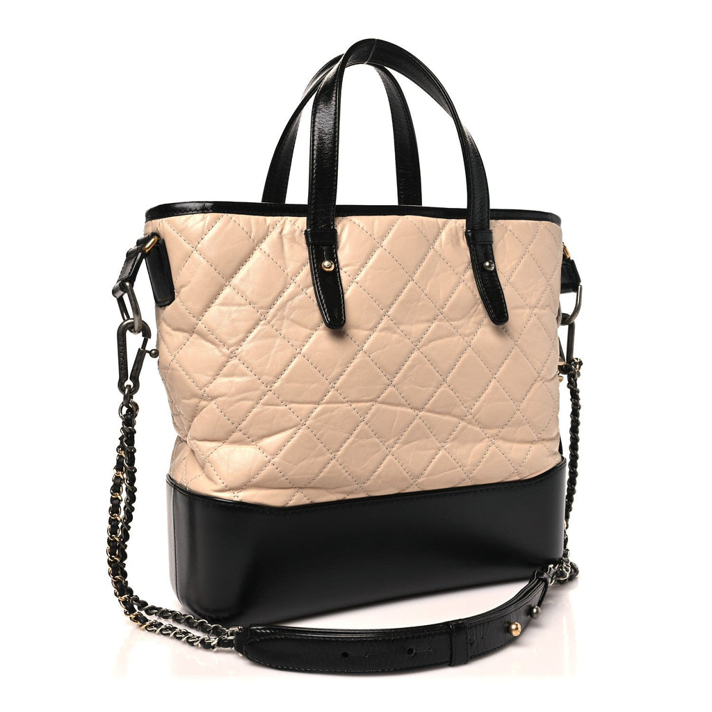 Aged Calfskin Quilted Medium Gabrielle Shopping Tote Beige Black