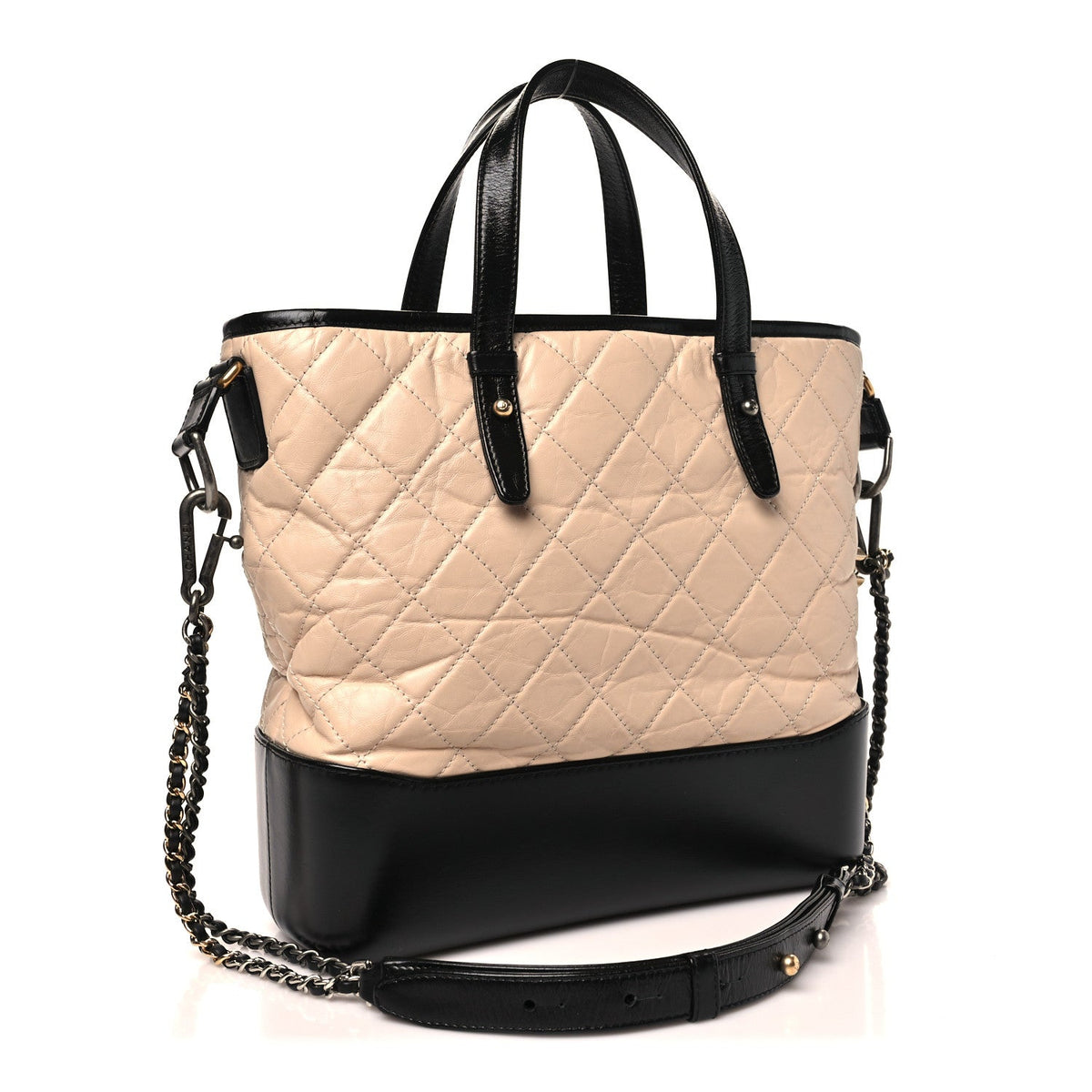 Aged Calfskin Quilted Medium Gabrielle Shopping Tote Beige Black