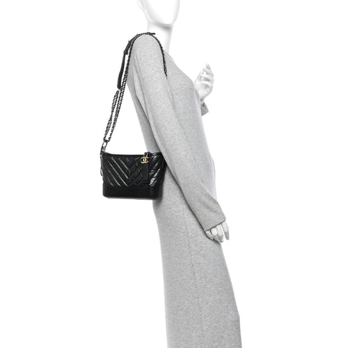 Aged Calfskin Chevron Quilted Small Gabrielle Hobo Black