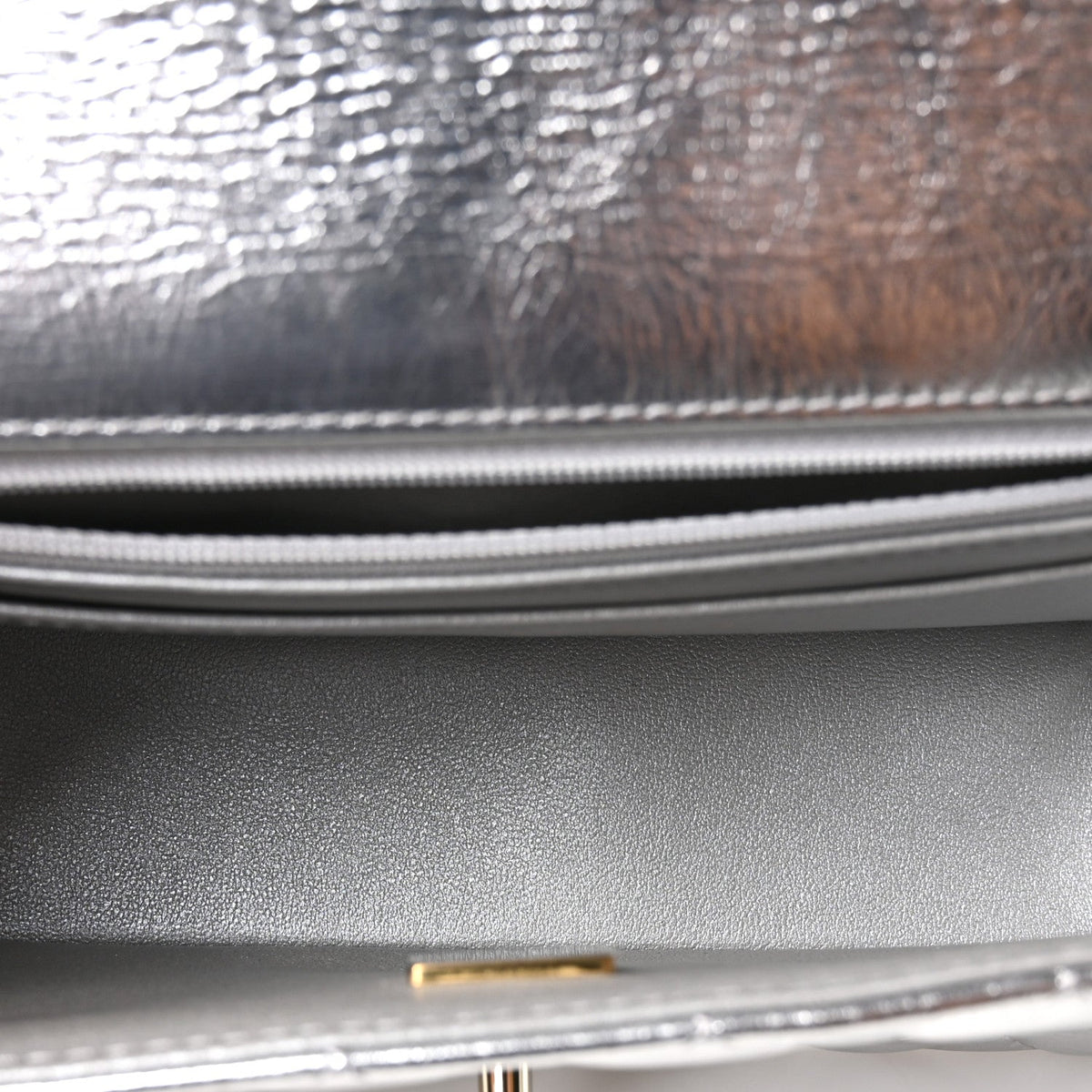 Hammered Metallic Calfskin Quilted Small Double Flap Silver