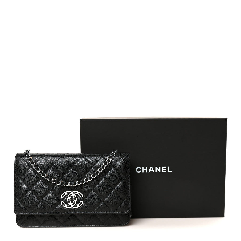 Caviar Quilted Chanel 19 Wallet On Chain WOC Black White