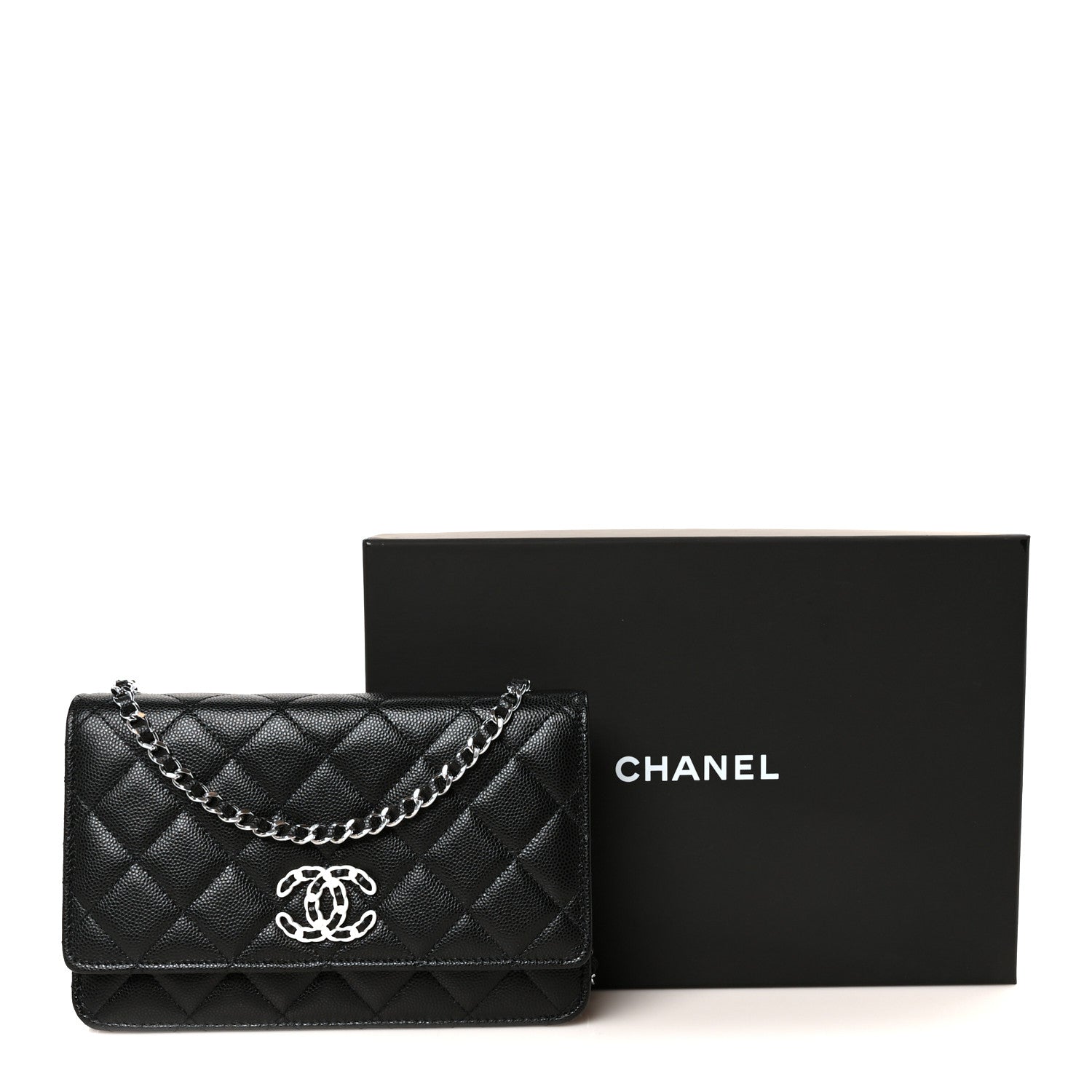 Caviar Quilted Chanel 19 Wallet On Chain WOC Black White