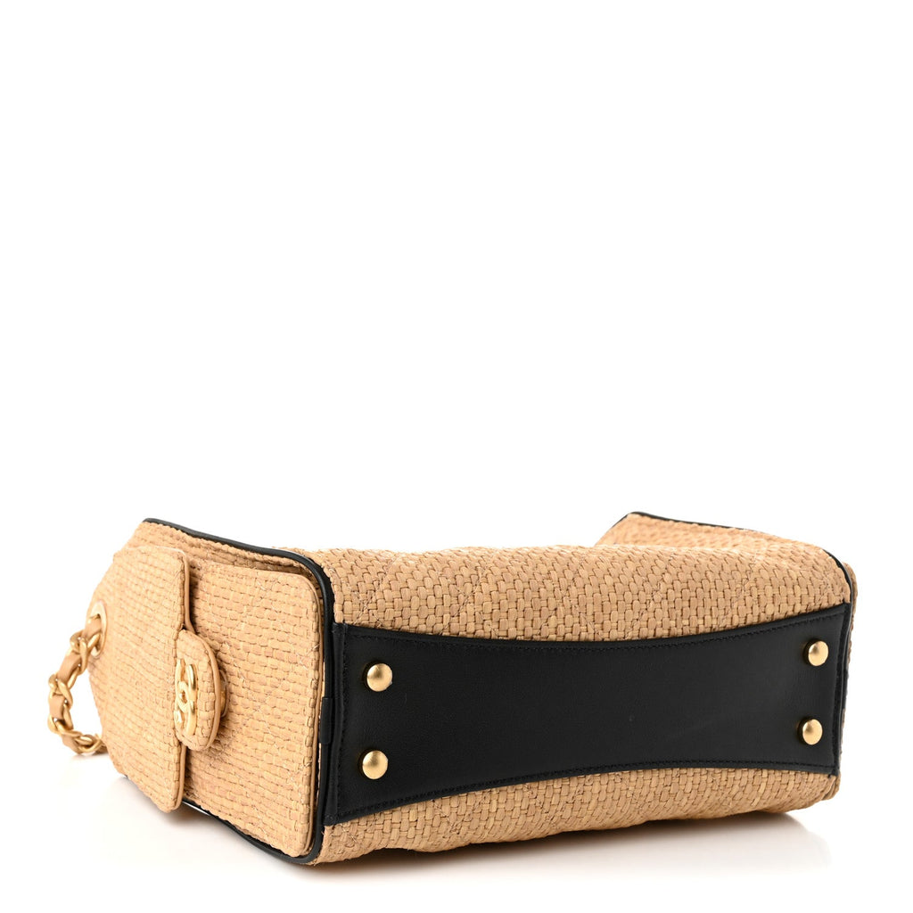 Braided Raffia Calfskin Quilted Mini Chanel 25 Handbag Beige Black